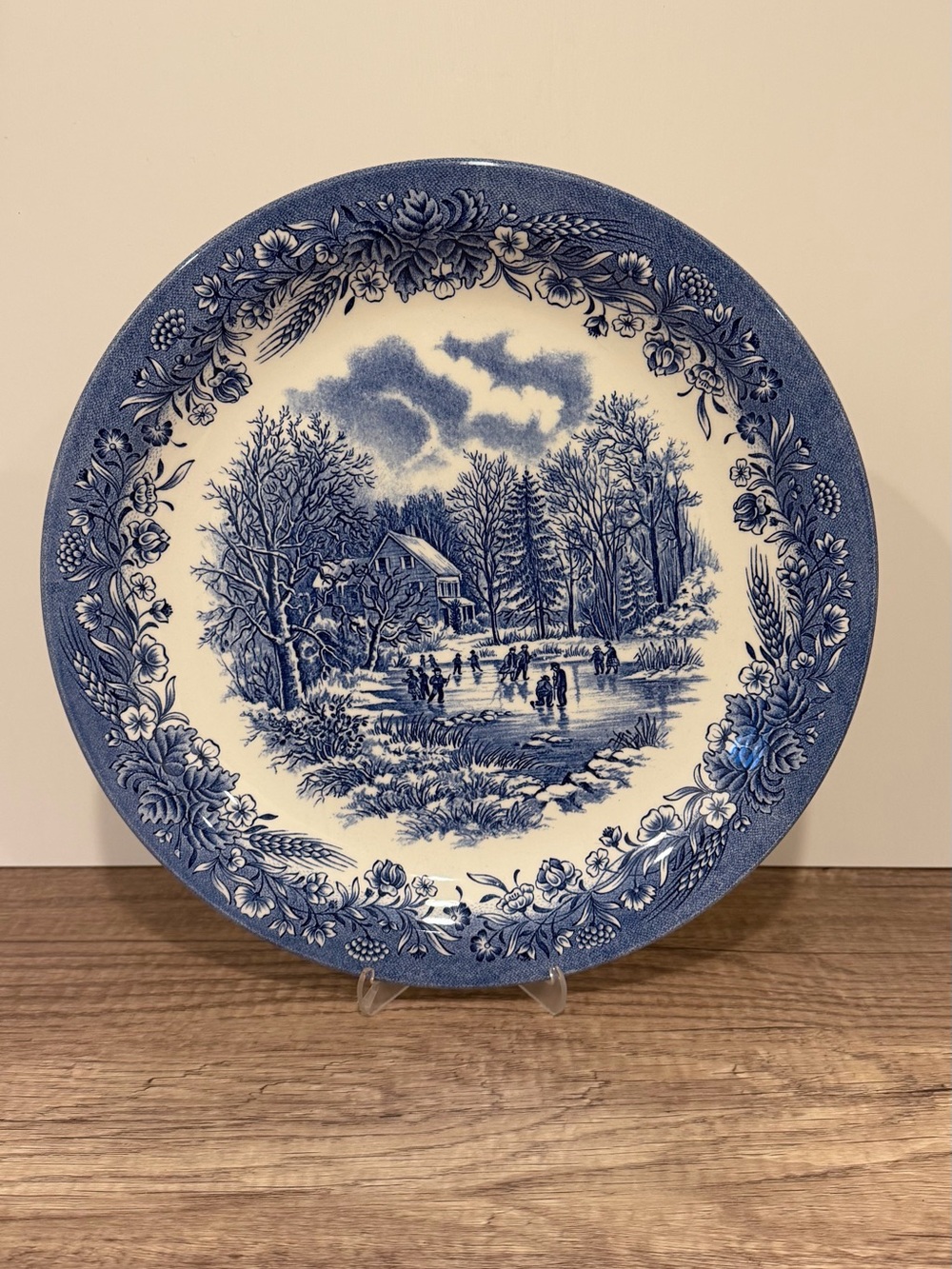 Vintage Churchill England Blue Transferware Winter Ice Skating Platter 12.75”